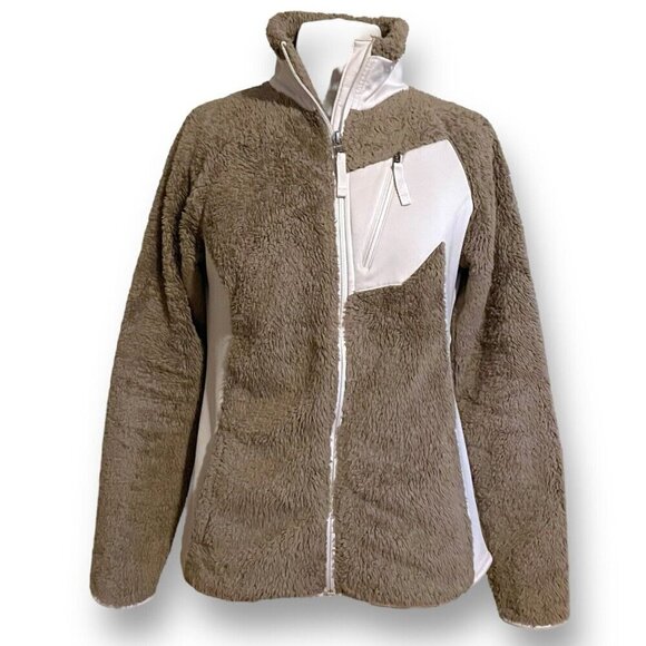 Columbia Womens Double Plush Sporty Full Zip Fleece Jacket Sz Small Taupe White - Picture 1 of 6